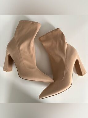 Call It Spring Beige Stretch Sock Ankle Boots